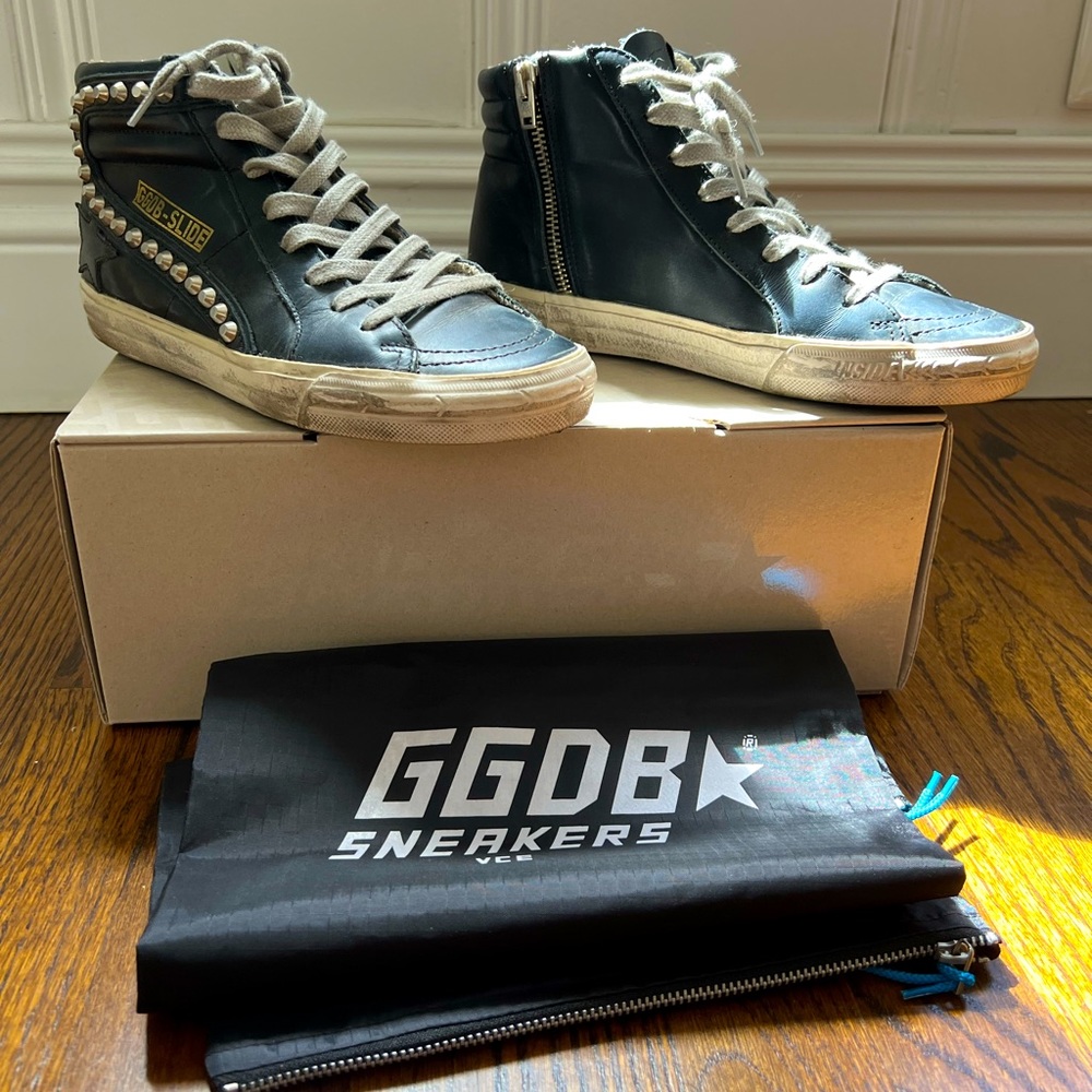 Golden Goose Slide Sneaker in Black Leather Studs